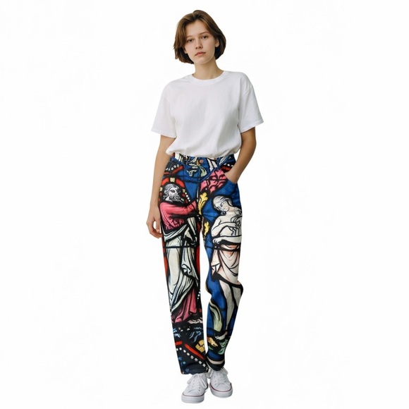 Women's Do My Self Multicolored Stain Glass Print Mid Rise Leggings Size Large - Picture 1 of 9